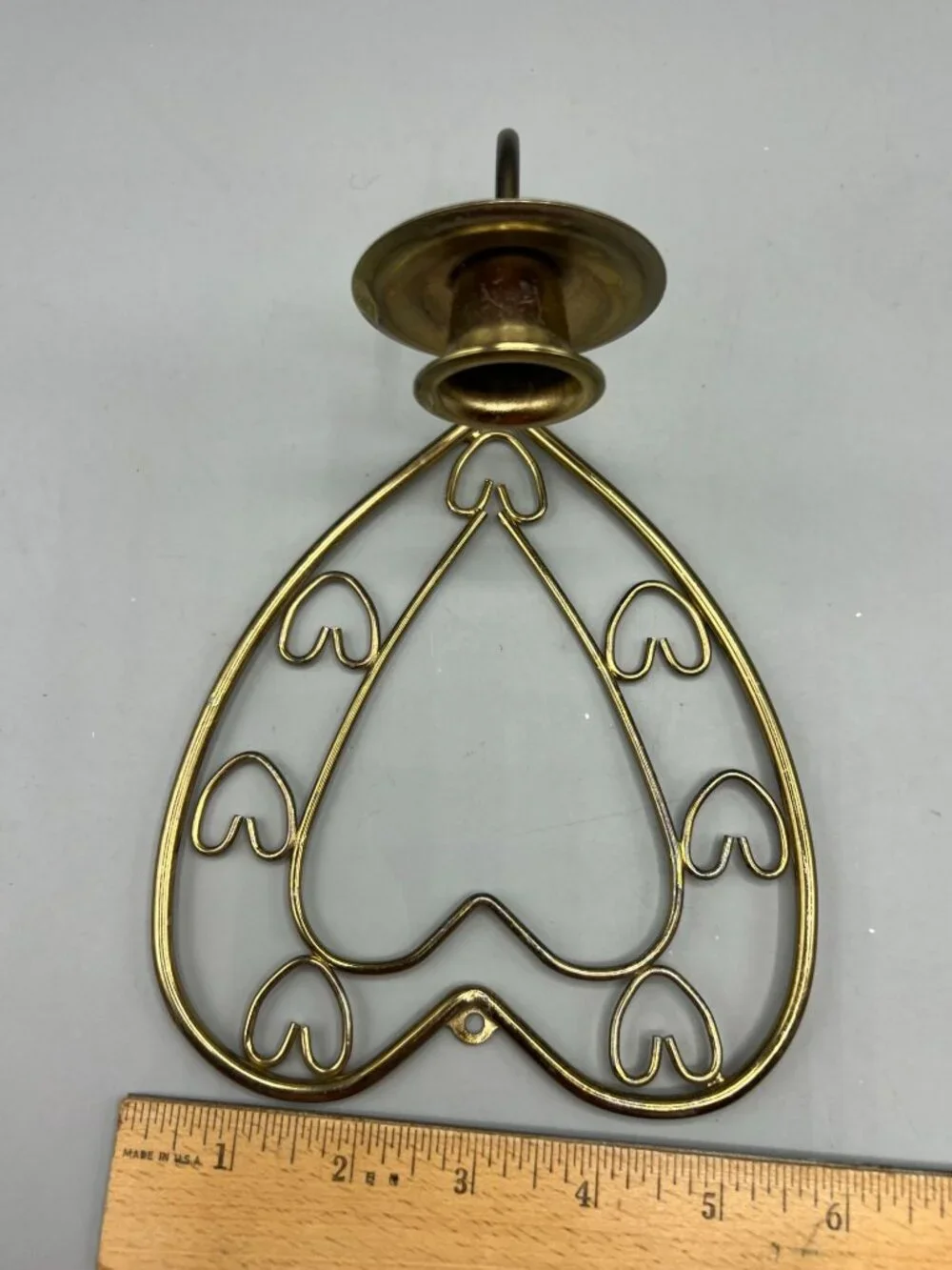 2 Homco Heart-Shaped Brass Wall Candle Holders Ruffled Votive Glass Shades Set